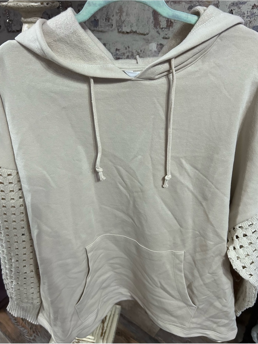 Time and Tru Cream Hoodie with Crochet Sleeve Panels